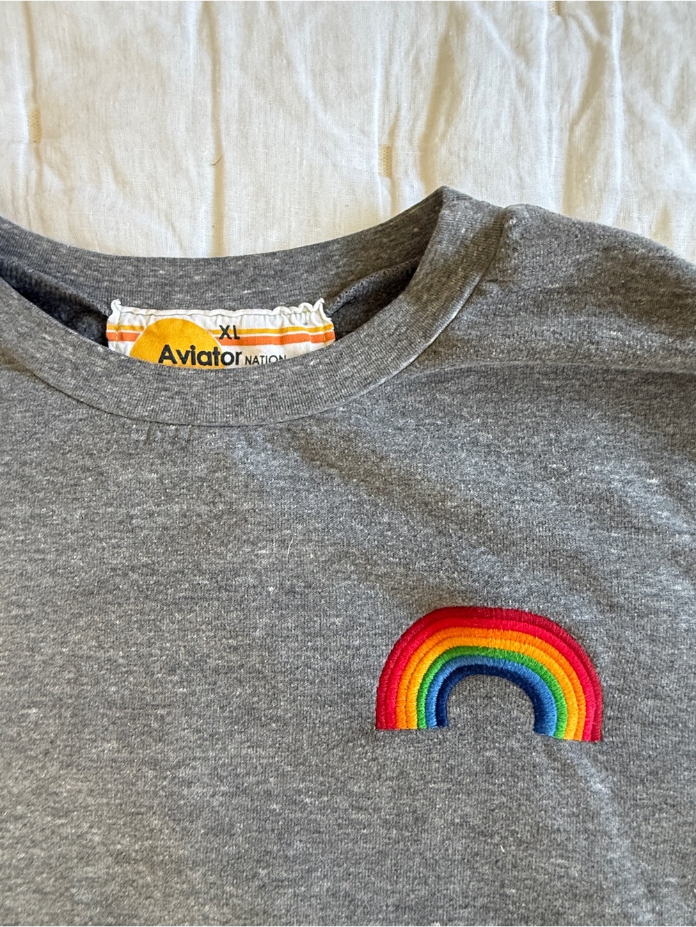 Aviator Nation Gray Crewneck Sweatshirt with Embroidered Rainbow Patch